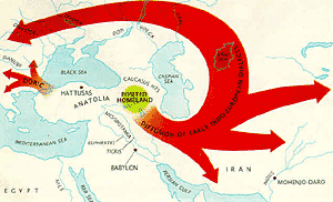 A representation of one possible route of the 'Aryan Invasion'.