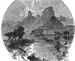 'The Start From Green River Station'. Line drawing from <i>Canyons of the Colorado</i> by John Wesley Powell, 1875.